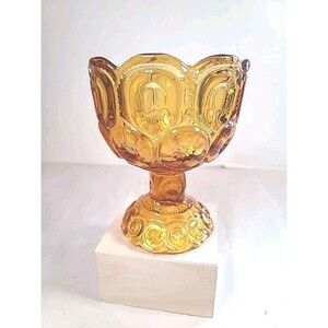 Vintage L.E. SMITH GLASS Moon & Star Amber Compote Dish on Pedestal EC